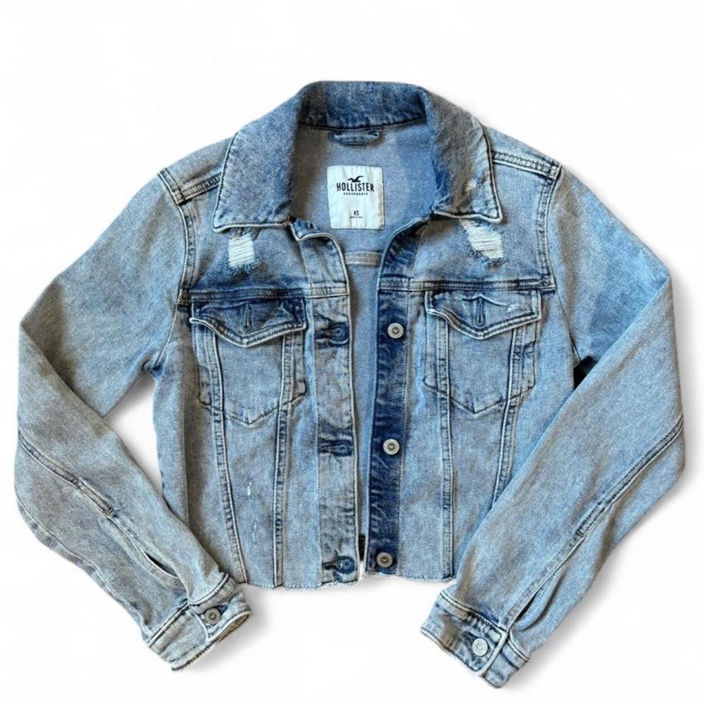 Hollister Faded Blue Distressed Cropped Denim Jacket